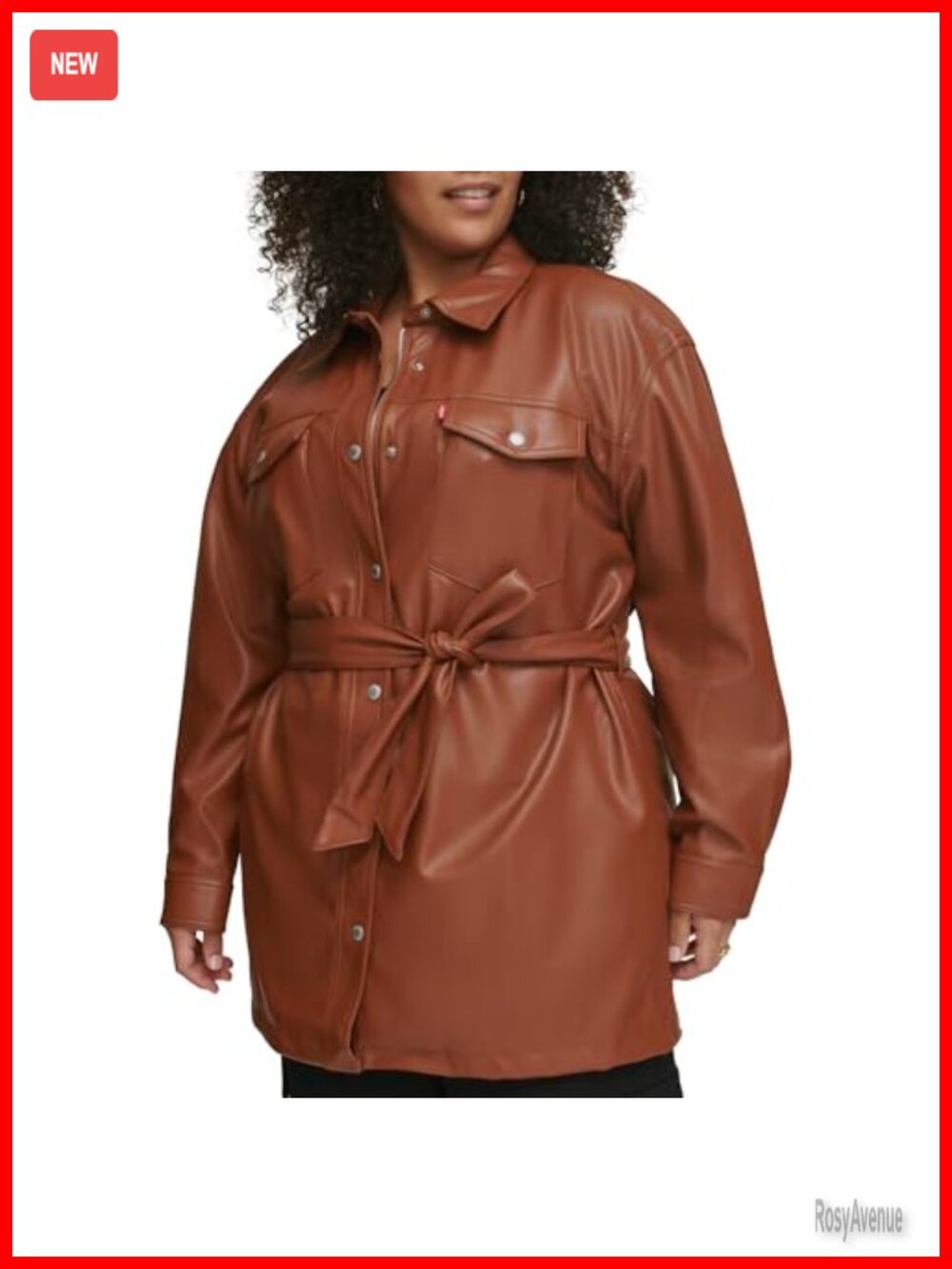 Faux Leather Belted Shirt Jacket Snap Aviator Long Sleeve